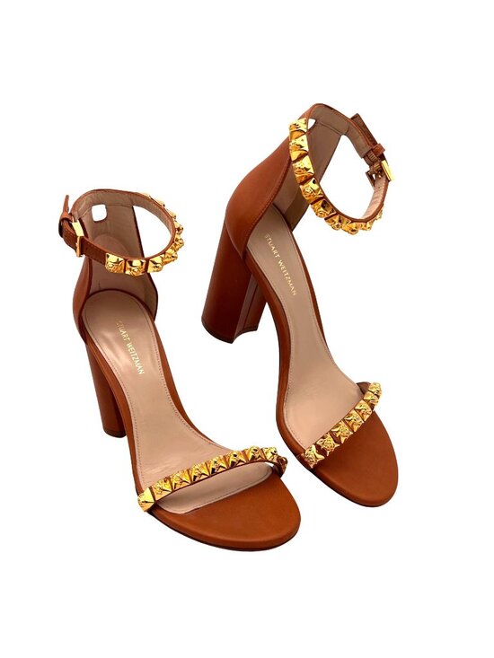 Stuart Weitzman Shoes - Stuart Weitzman Rosemarie Cognac Gold Stud Block Heels Ankle Strap 7.5B Spain